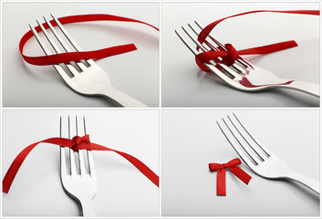 Stages of tying bow on fork close-up