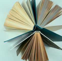 Group of books on light blue background, top view