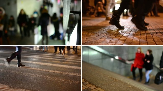 4K montage (compilation) - people walking in the city - night - closeup legs
