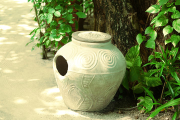 Old vessel on sand under tree in sand