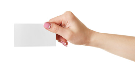 Fototapeta premium Female hand holding card isolated on white