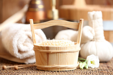 Beautiful spa composition with flowers on table close up
