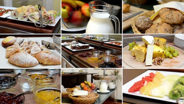 4K montage (compilation) - table with food - buffet - breakfast - fruits, milk, cheese, baker product etc.