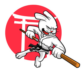 Naklejka premium A rabbit with double stick or nunchaku in his hand. 