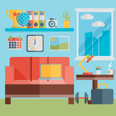 Flat design vector illustration of modern home office interior w