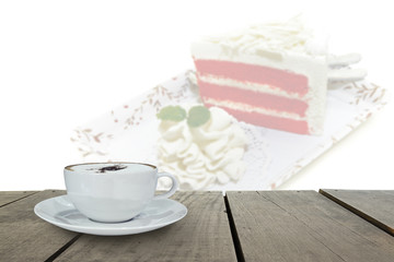 Defocus with terrace wood and cappuccino coffee with Homemade