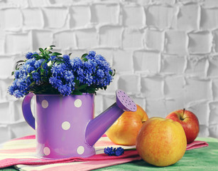 Beautiful bouquet of muscari - hyacinth with apples