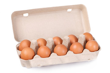 Ten brown eggs in a carton package
