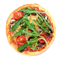 Tasty pizza with vegetables and arugula isolated on white