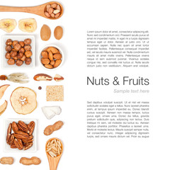 nuts and dried fruits on white background