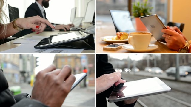 4K compilation (montage) - people work on tablet (closeup hands) - street, cafe and office