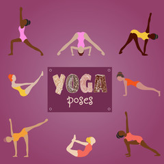 woman practicing yoga for design. Set of yoga poses