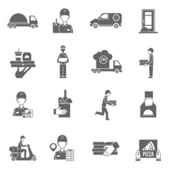 Food delivery courier black icons set