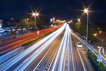 Fototapeta na wymiar Long exposure photo of traffic with blurred traces from cars