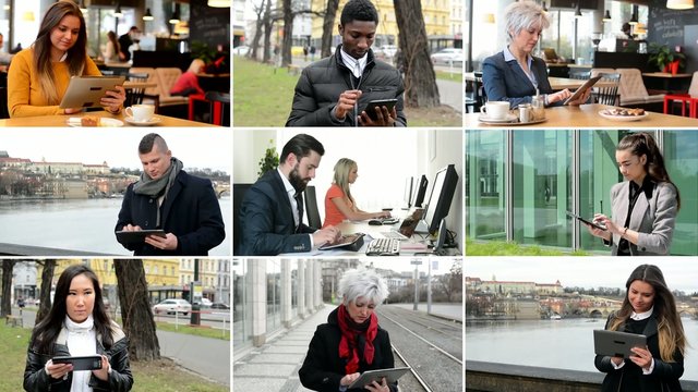 4K compilation (montage) - multicultural people work on tablet - street, park, cafe etc.