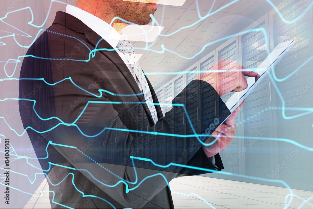 Poster composite image of businessman using his tablet pc