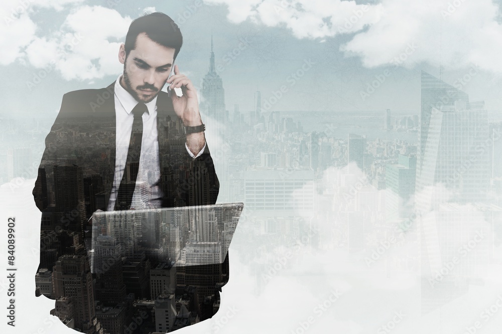 Poster composite image of businessman using laptop while phoning