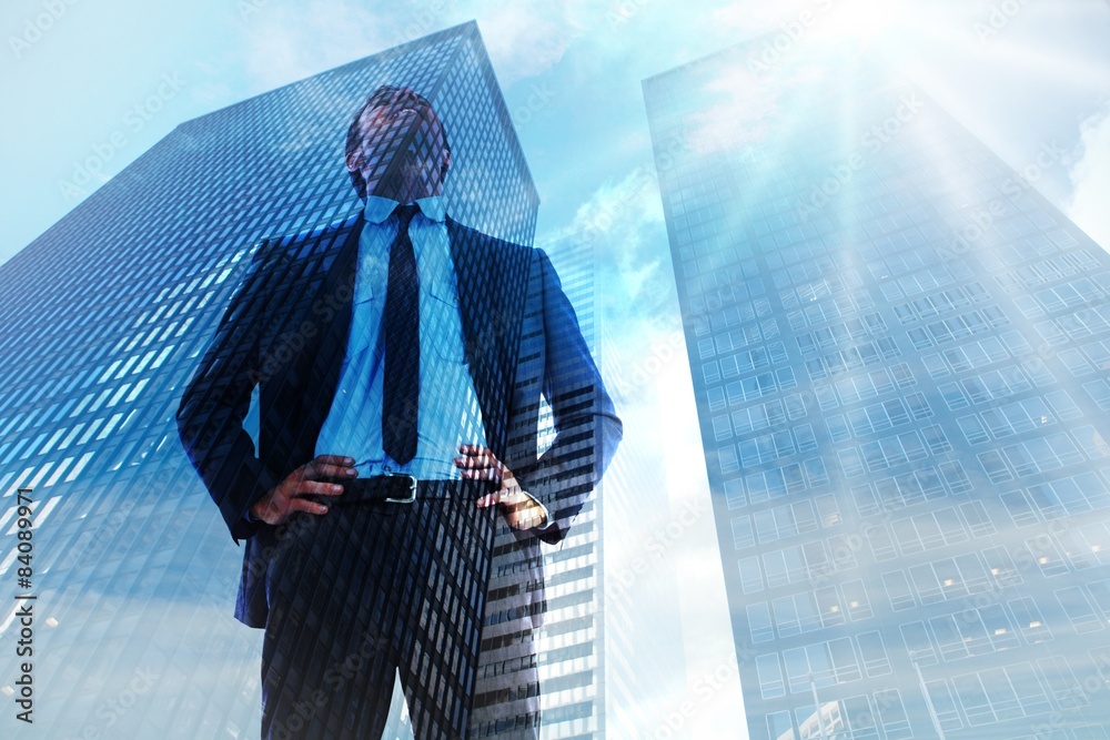 Poster composite image of happy businessman with hands on hips