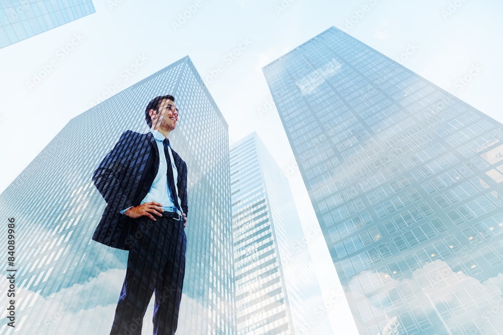 Poster composite image of happy businessman with hands on hips