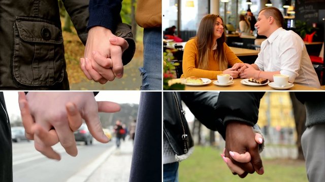 4K compilation (montage) - young models couples in love - happy multicultural couple holding hands - street, park and cafe - city
