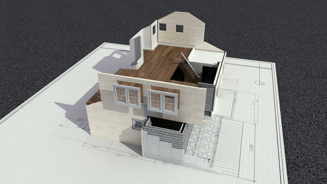 Architectural drawing changed three-dimensional house.