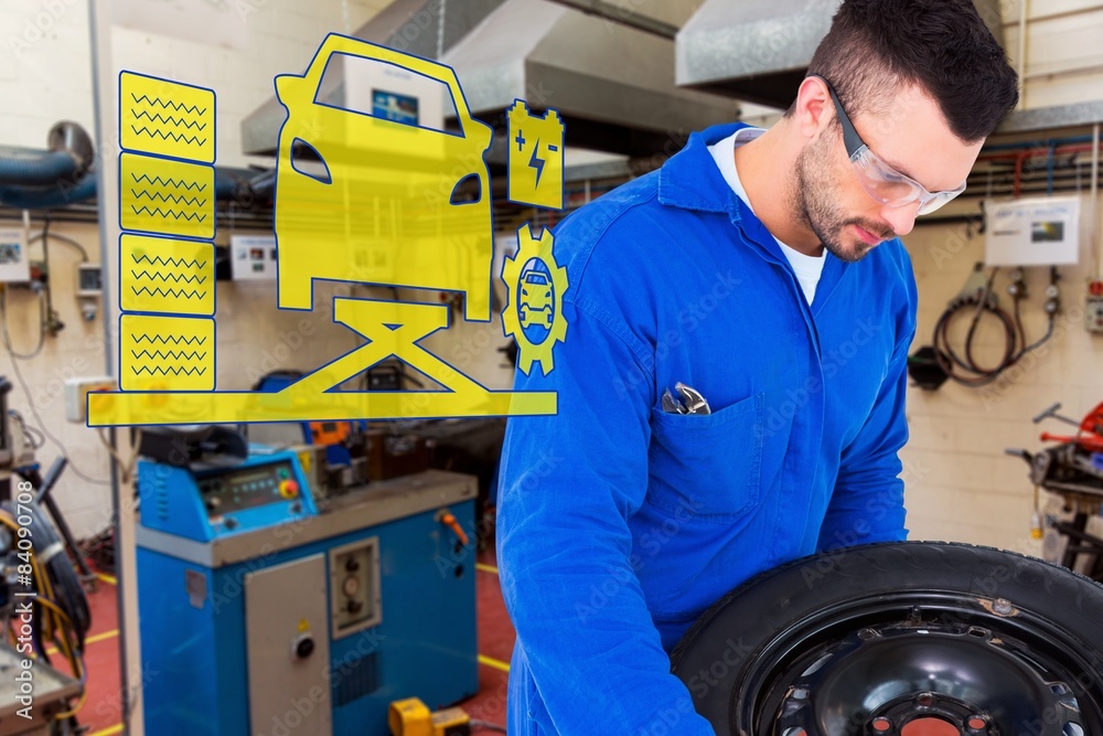Poster composite image of mechanic working on tire