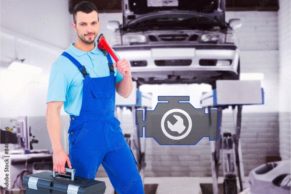 Poster Composite image of repairman with toolbox and monkey wrench 