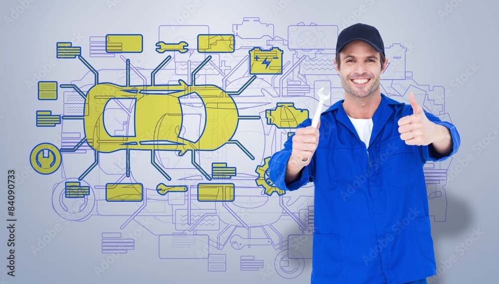 Poster composite image of happy mechanic holding spanner