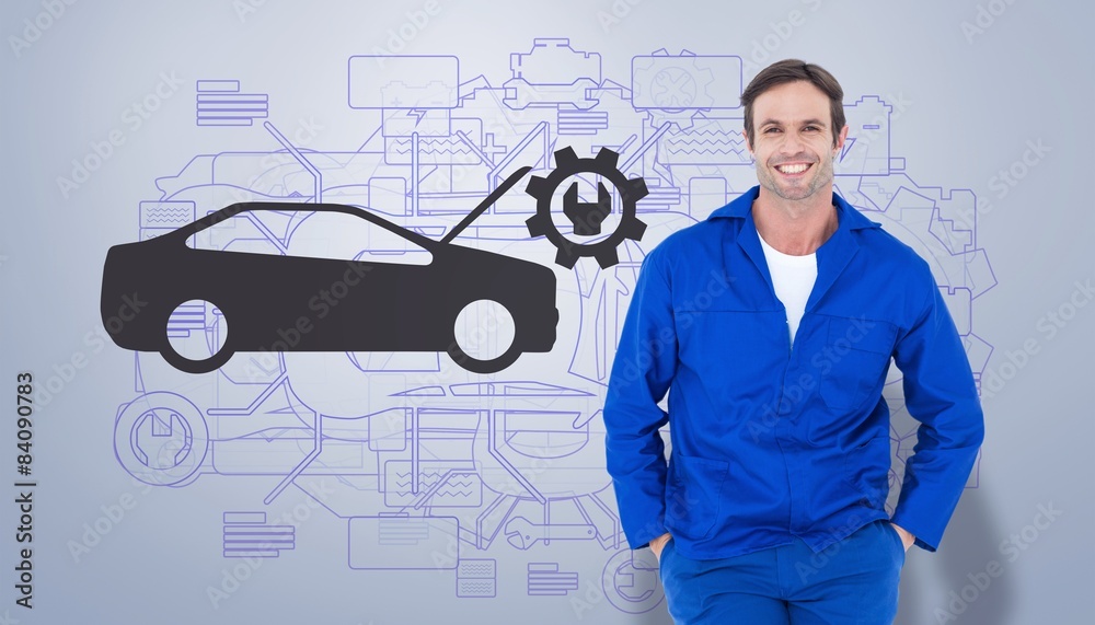 Poster Composite image of happy mechanic with hands in pockets