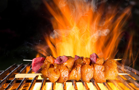 Delicious skewers on garden grill