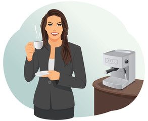 Smiling businesswoman is having a coffee break in the office