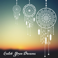 Vector dream catcher on sunset blurred mesh background.