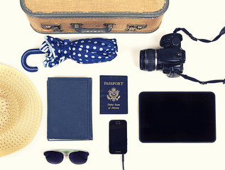 collection of vacation travel items