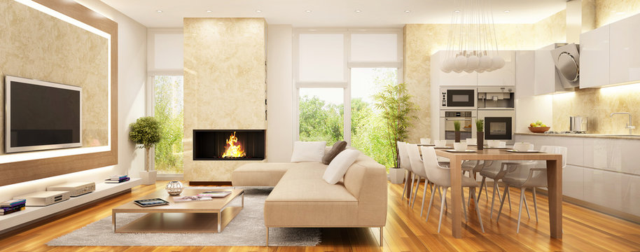 Modern kitchen and living room with fireplace