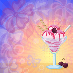 Ice Cream and Cherries on Abstract Background