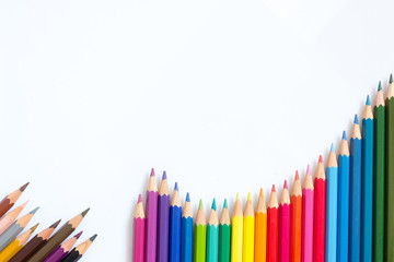 multicolored pencils growing row on white background ,Color pencils Background for business presentation
