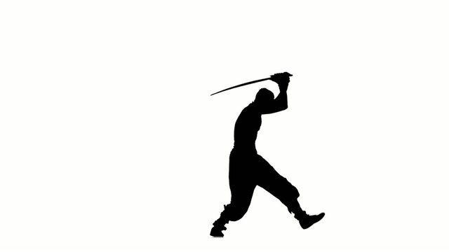 Ninja style. Silhouette of man with sword on white background