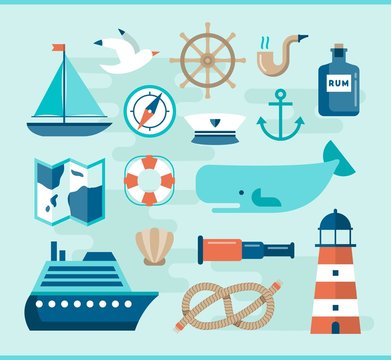 set of beautiful nautical flat icons