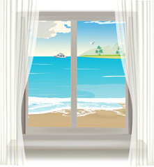 tropical beach through the window