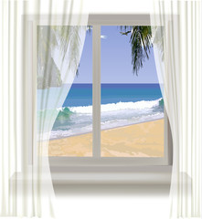 tropical beach through the window