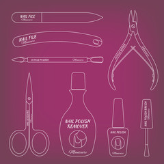 Set of thin lined icons of tools and accessories for nail care