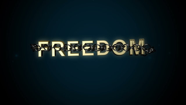 Animated concept of Freedom text breaking free from chains.