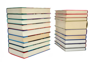 Two piles of books on a white background