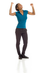 Model happy successful arms in the air