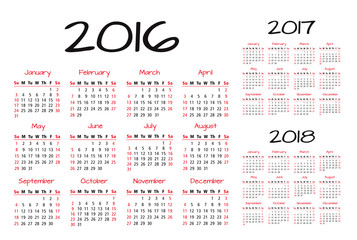 English Calendar 2016-2017-2018 vector illustration