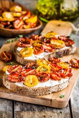 fresh bruschetta with cream cheese and sun dried tomatoes