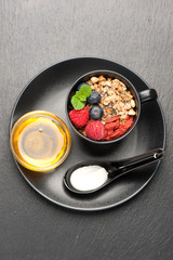 Granola, chia seeds, goji berries and honey. SuperFoods.