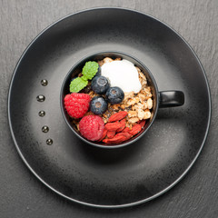 Granola, chia seeds, berries and yogurt. Super Foods 