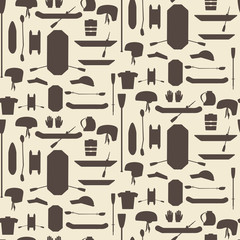 Rafting sport items silhouette icon set seamless texture. Oar