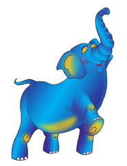 Triumphantly striding proudly blue elephant with a raised trunk